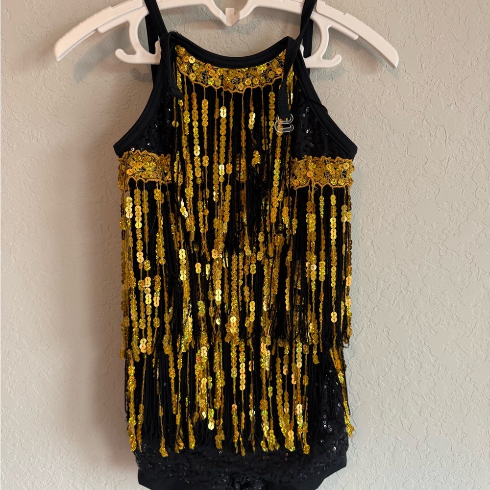Black and Gold Sequin Fringe Dress